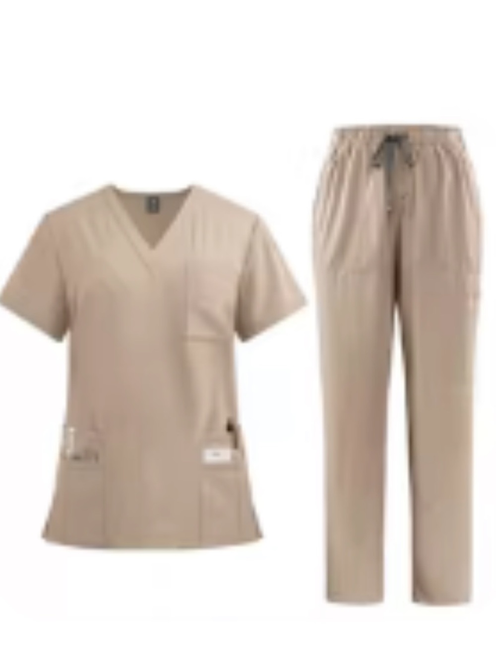 Beige V-Neck Scrub Set - Women Pants & Top